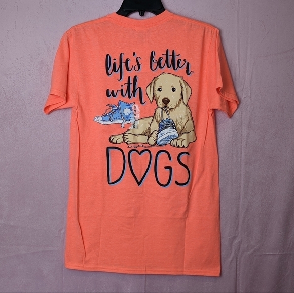 Southern Attitude Life Is Better With Dogs Bright Coral Short Sleeve Graphic Tee - Picture 1 of 7